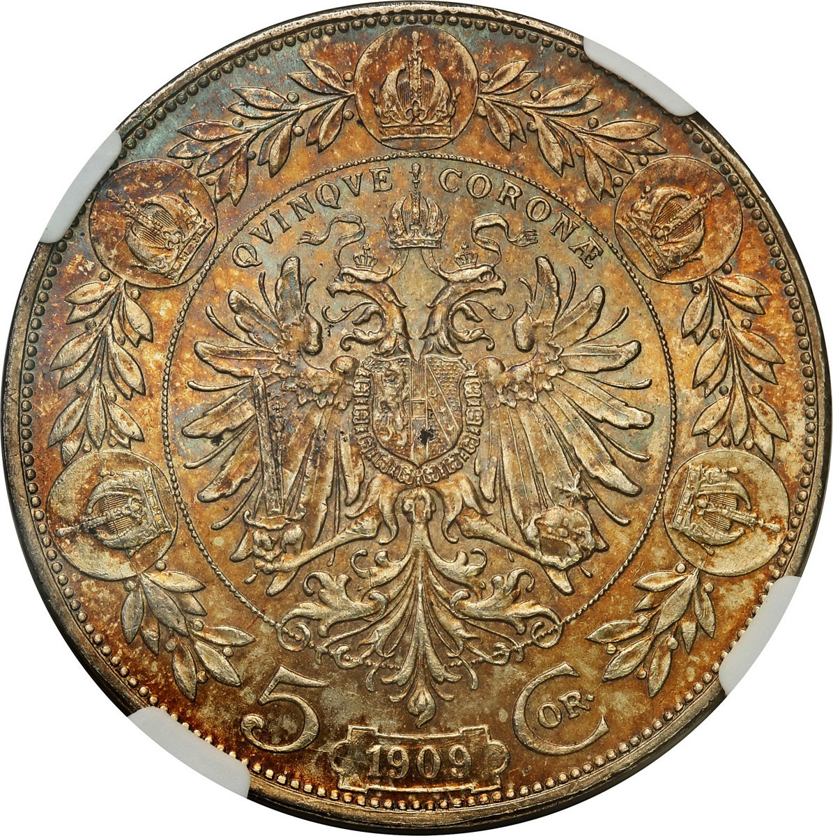 Austria, Franciszek Józef I. 5 koron 1909, Wiedeń NGC MS62 - PIĘKNE